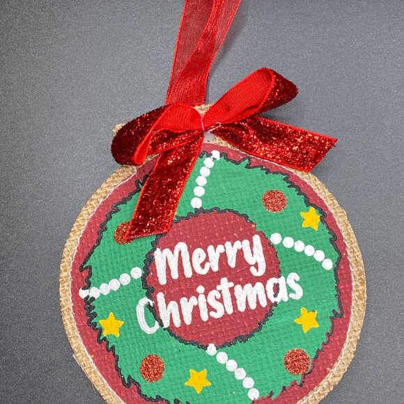 Holiday Time "Merry Christmas" Red Green Burlap Ornaments Set of 4 - Picture 4 of 12
